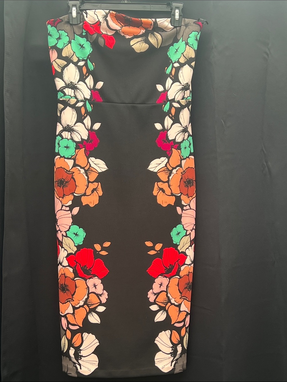 Express Black Strapless Floral Sheath Dress with Multicolor Blooms